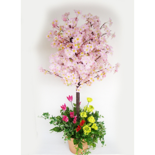 造花 菜の花とチューリップで飾った桜の鉢植え Ct触媒 ディスプレイ用アレンジ シルクフラワーの山久